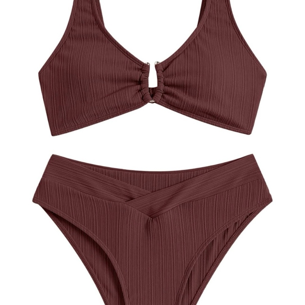Zaful Ribbed V-Ring Bikini Set in Burgundy